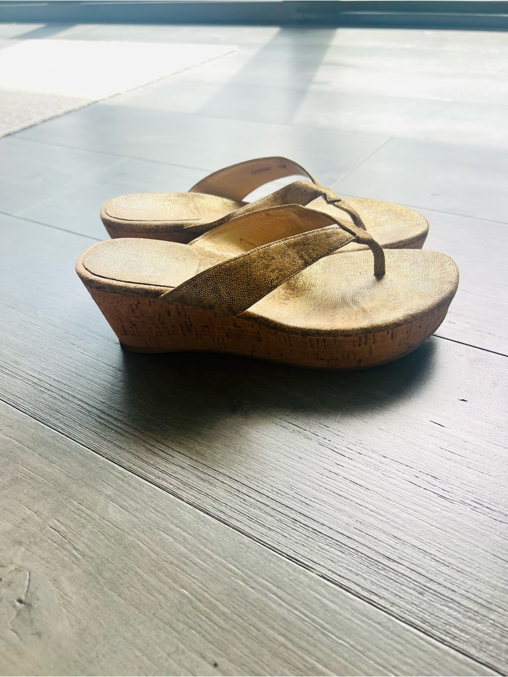 Stuart Weitzman Gold Cork Wedge Thong Sandals